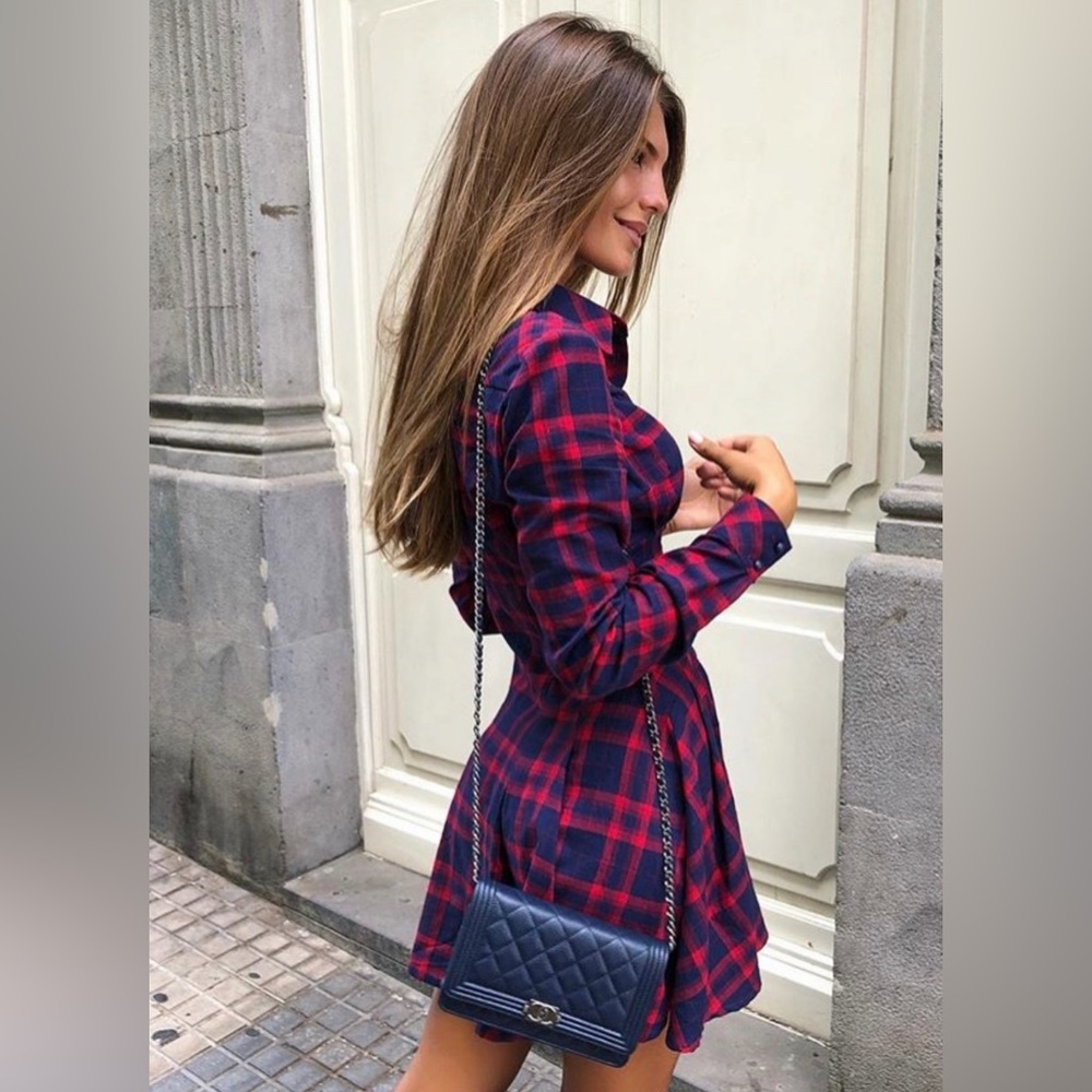 Plaid mini dress in Red/Blue, button up, collar, long sleeve, Size XS